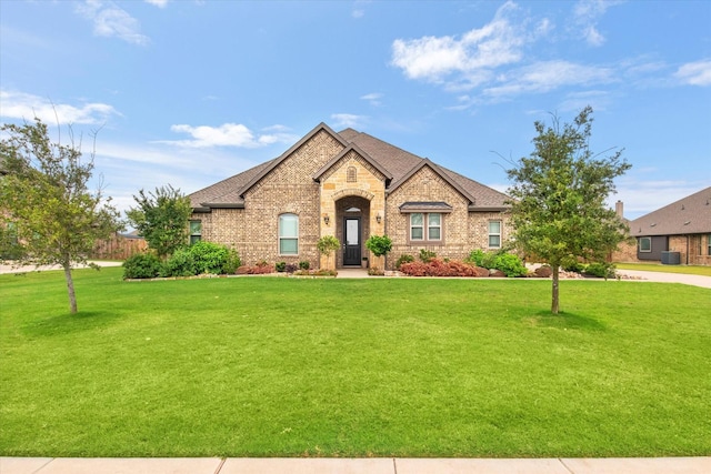 french country home featuring brick siding, a front lawn, stone siding, and roof with shingles