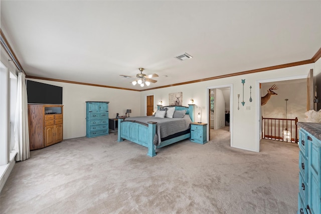 444 Lost Forest Ln, Marlin, TX 76661 - bedroom featuring light carpet, ornamental molding, and a ceiling fan