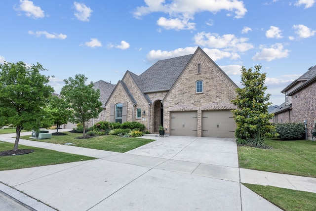 3941 Sweet Clover Dr, Prosper, TX 75078 - french provincial home featuring brick siding, a front yard, an attached garage, driveway, and a shingled roof