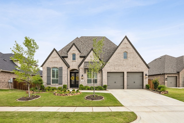4108 Fall Aster Way, Aubrey, TX 76227 - french country inspired facade featuring brick siding, driveway, an attached garage, and roof with shingles