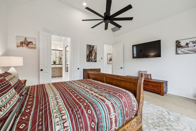 4108 Fall Aster Way, Aubrey, TX 76227 - bedroom with wood finished floors, connected bathroom, high vaulted ceiling, ceiling fan, and recessed lighting