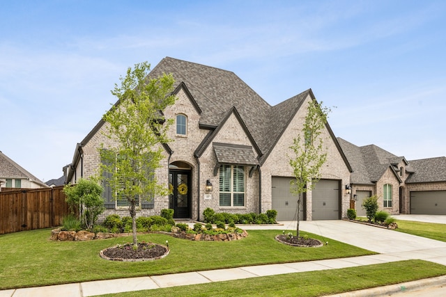 4108 Fall Aster Way, Aubrey, TX 76227 - french country home with brick siding, an attached garage, a shingled roof, and driveway
