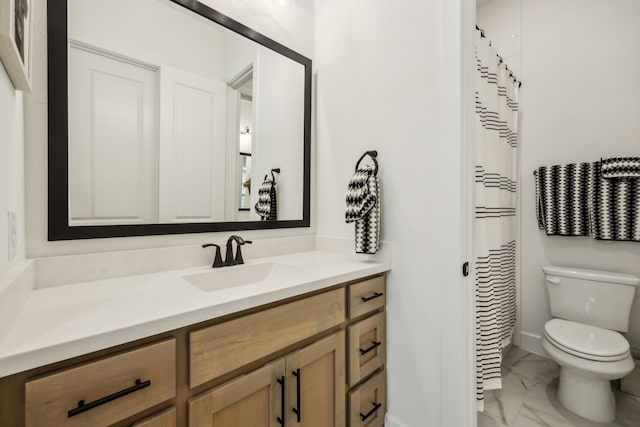 4108 Fall Aster Way, Aubrey, TX 76227 - bathroom with marble finish floors, toilet, vanity, baseboards, and curtained shower
