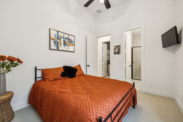 4108 Fall Aster Way, Aubrey, TX 76227 - bedroom featuring light carpet, baseboards, ensuite bathroom, and a ceiling fan