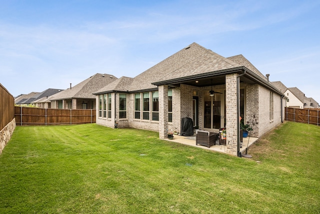 4108 Fall Aster Way, Aubrey, TX 76227 - rear view of house with ceiling fan, brick siding, a patio area, and roof with shingles