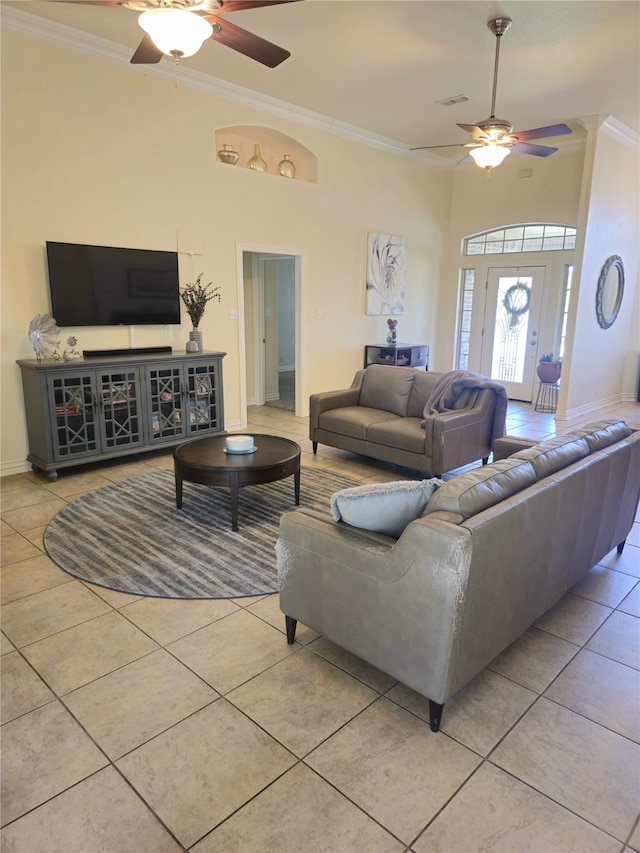 16 Cedar Bayou Cir, Pottsboro, TX 75076 - living room featuring a ceiling fan, ornamental molding, light tile patterned flooring, and baseboards