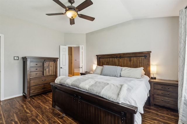 202 Freedom Trl, Forney, TX 75126 - bedroom with dark wood-type flooring, baseboards, vaulted ceiling, and a ceiling fan