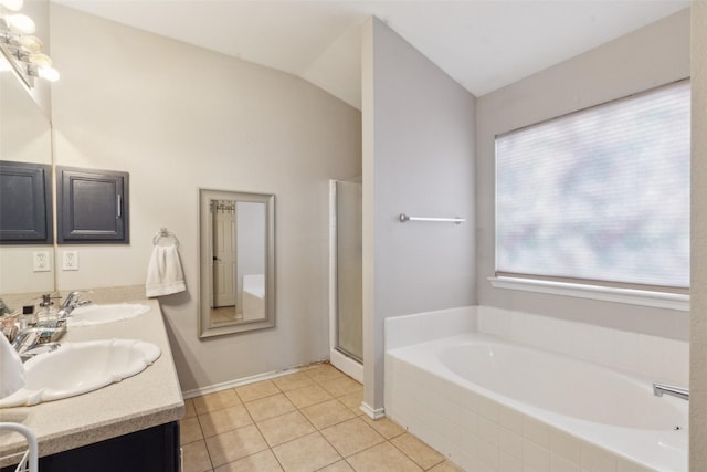 202 Freedom Trl, Forney, TX 75126 - full bath featuring tile patterned flooring, a garden tub, vaulted ceiling, a stall shower, and double vanity