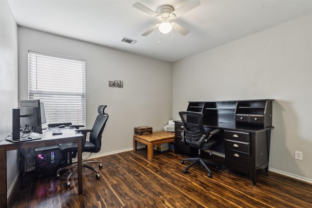 202 Freedom Trl, Forney, TX 75126 - home office featuring a ceiling fan, dark wood finished floors, and baseboards