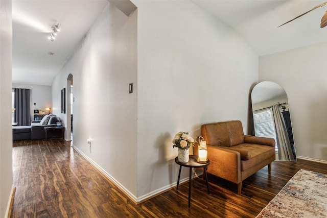 202 Freedom Trl, Forney, TX 75126 - hallway with dark wood-style flooring, arched walkways, baseboards, and lofted ceiling