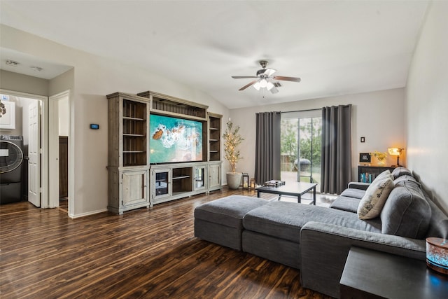 202 Freedom Trl, Forney, TX 75126 - living area with washer / dryer, dark wood-type flooring, a ceiling fan, vaulted ceiling, and baseboards