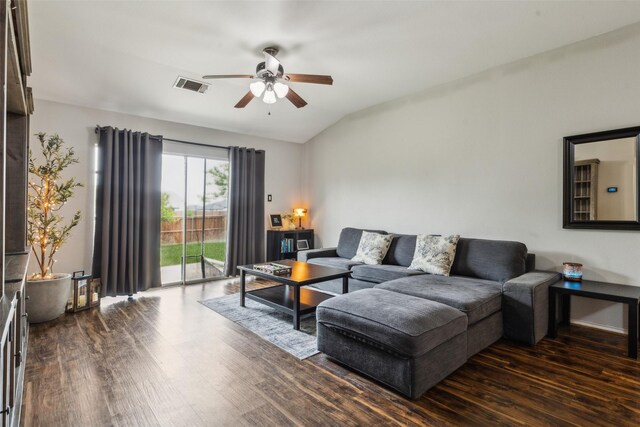 202 Freedom Trl, Forney, TX 75126 - living area featuring a ceiling fan, dark wood finished floors, and lofted ceiling