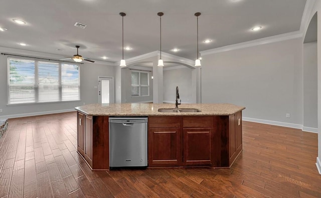 17015 Salado Dr, Woodway, TX 76712 - kitchen with stainless steel dishwasher, a sink, crown molding, baseboards, and ceiling fan