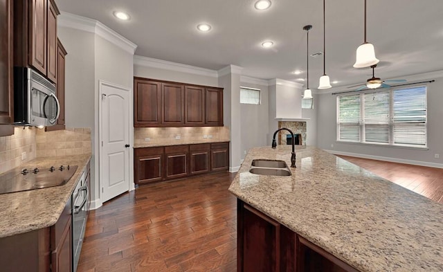 17015 Salado Dr, Woodway, TX 76712 - kitchen featuring a sink, stainless steel appliances, a stone fireplace, ornamental molding, and dark wood finished floors