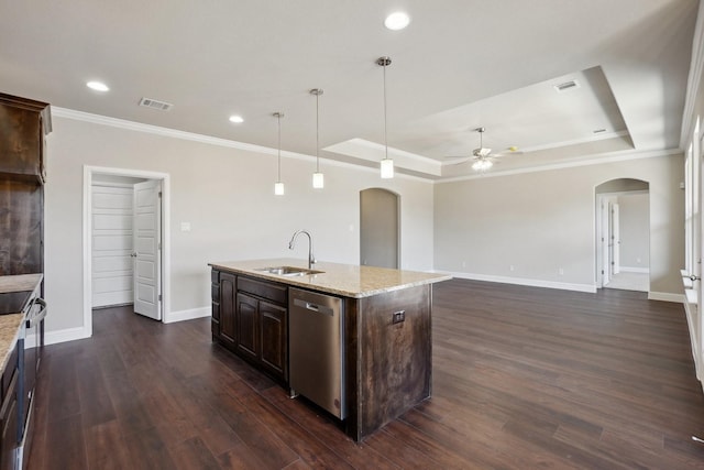 709 Lake Murray Ln, Cleburne, TX 76033 - kitchen with arched walkways, dishwasher, a sink, ceiling fan, and ornamental molding