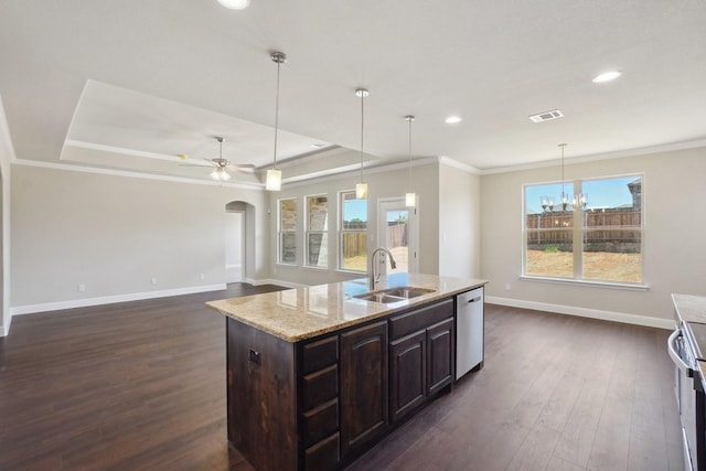 709 Lake Murray Ln, Cleburne, TX 76033 - kitchen featuring a sink, dishwasher, crown molding, baseboards, and dark brown cabinets