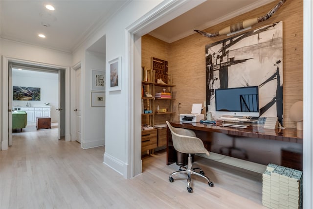 home office featuring wood finished floors, ornamental molding, baseboards, and recessed lighting