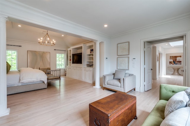 bedroom with ornate columns, light wood-style flooring, crown molding, multiple windows, and recessed lighting