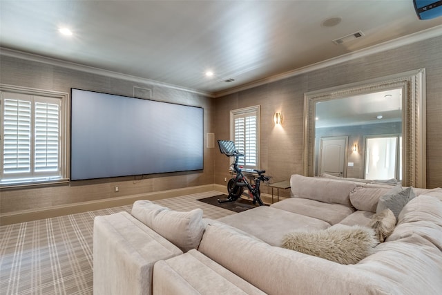 home theater featuring ornamental molding, baseboards, recessed lighting, and carpet flooring