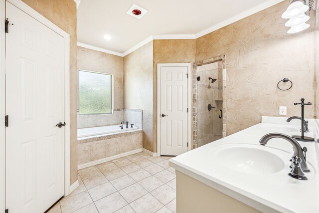109 Rio Bravo Ct, Weatherford, TX 76088 - bathroom featuring crown molding, a stall shower, a bath, tile patterned floors, and double vanity