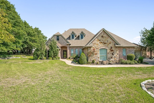 109 Rio Bravo Ct, Weatherford, TX 76088 - french country home with stone siding, a front yard, brick siding, and roof with shingles