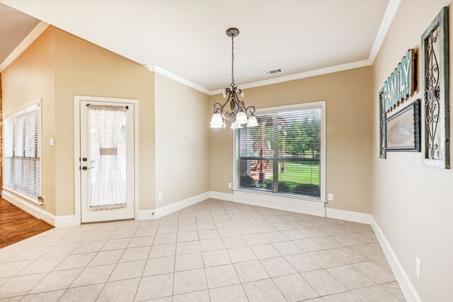 109 Rio Bravo Ct, Weatherford, TX 76088 - unfurnished dining area with a chandelier, ornamental molding, baseboards, and light tile patterned floors
