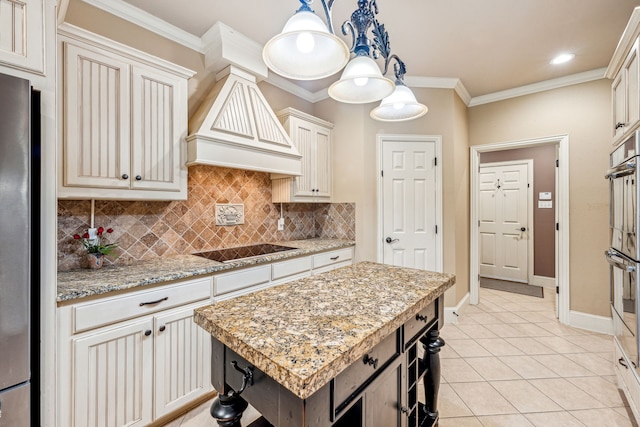 109 Rio Bravo Ct, Weatherford, TX 76088 - kitchen featuring custom exhaust hood, appliances with stainless steel finishes, decorative backsplash, crown molding, and light tile patterned floors