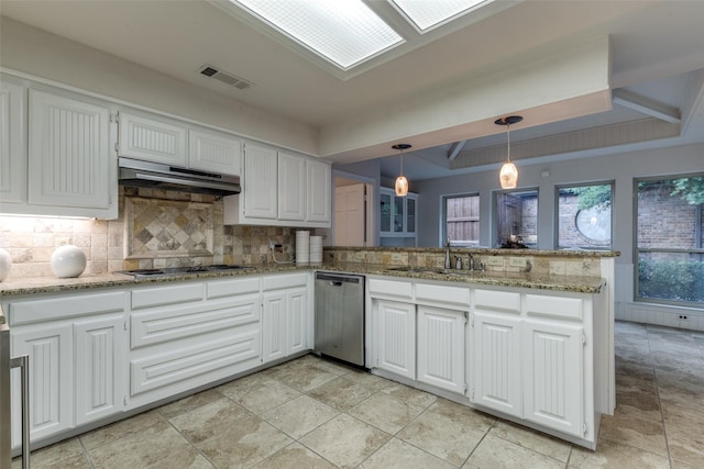 3824 Wyeth Dr, Plano, TX 75023 - kitchen featuring stainless steel appliances, a sink, a peninsula, a raised ceiling, and under cabinet range hood