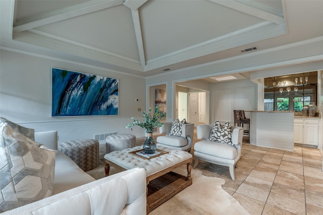 3824 Wyeth Dr, Plano, TX 75023 - living area featuring high vaulted ceiling, beam ceiling, and light stone finish floors