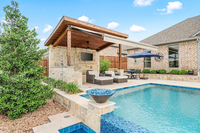 view of swimming pool with a fenced backyard, a gazebo, a patio area, and a ceiling fan