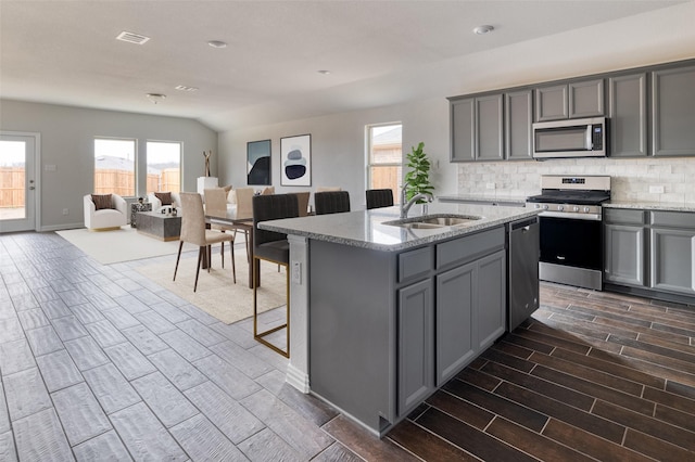 1910 Blackbird Ln, Princeton, TX 75407 - kitchen with stainless steel appliances, a sink, gray cabinetry, and lofted ceiling