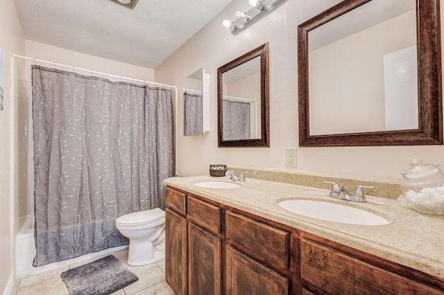 3110 Nutmeg Ln, Garland, TX 75044 - full bath featuring toilet, shower / tub combo with curtain, double vanity, and tile patterned flooring