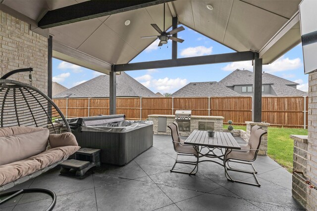 1318 Middleton Dr, Rockwall, TX 75087 - view of patio / terrace featuring an outdoor living space, exterior kitchen, a fenced backyard, and ceiling fan