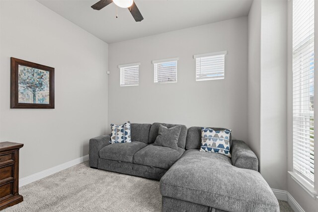 1318 Middleton Dr, Rockwall, TX 75087 - living room featuring carpet floors, a ceiling fan, and baseboards