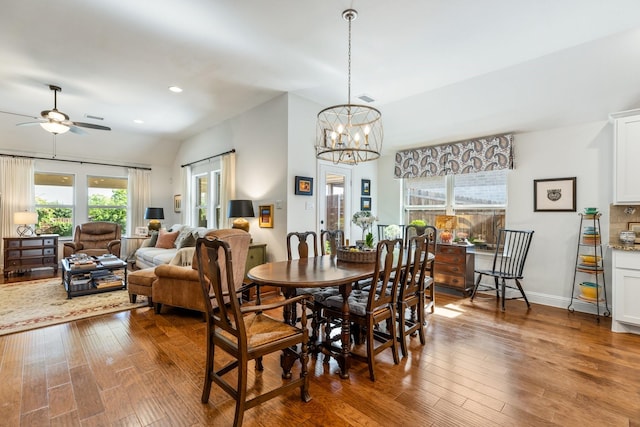 821 Mildren Ln, Fate, TX 75087 - dining room with hardwood / wood-style floors, a ceiling fan, a chandelier, recessed lighting, and lofted ceiling