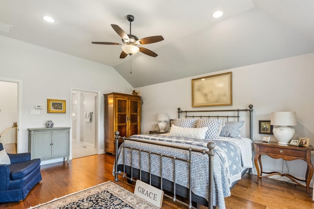 821 Mildren Ln, Fate, TX 75087 - bedroom featuring lofted ceiling, wood finished floors, ceiling fan, ensuite bath, and recessed lighting