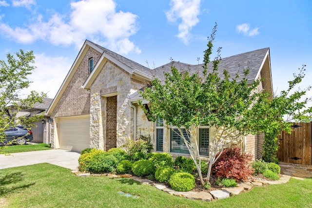 821 Mildren Ln, Fate, TX 75087 - view of front facade with stone siding, concrete driveway, brick siding, and an attached garage