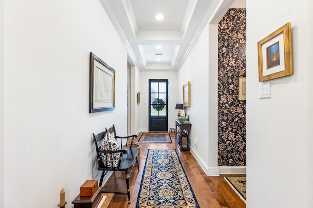 821 Mildren Ln, Fate, TX 75087 - doorway to outside with wood finished floors, ornamental molding, baseboards, a tray ceiling, and recessed lighting