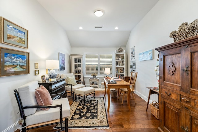 821 Mildren Ln, Fate, TX 75087 - office area with lofted ceiling, dark wood-type flooring, baseboards, and recessed lighting