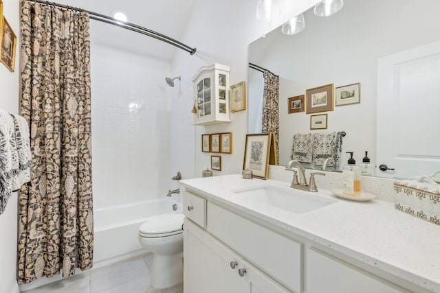 821 Mildren Ln, Fate, TX 75087 - bathroom with vanity, shower / bath combo with shower curtain, toilet, and tile patterned flooring