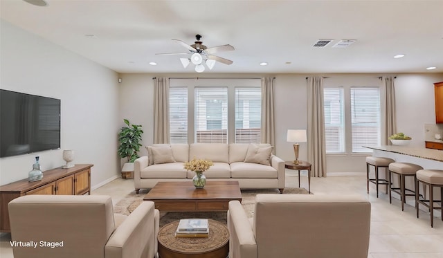 6407 Capulet Pl, Dallas, TX 75252 - living area with a ceiling fan, recessed lighting, and light tile patterned floors
