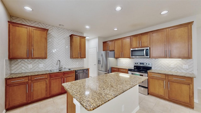 6407 Capulet Pl, Dallas, TX 75252 - kitchen with appliances with stainless steel finishes, light tile patterned floors, backsplash, a center island, and light stone counters