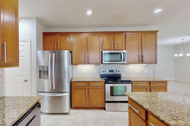6407 Capulet Pl, Dallas, TX 75252 - kitchen featuring appliances with stainless steel finishes, tasteful backsplash, light stone counters, brown cabinetry, and recessed lighting