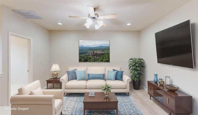 6407 Capulet Pl, Dallas, TX 75252 - carpeted living area with a ceiling fan and recessed lighting