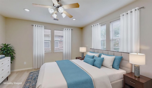 6407 Capulet Pl, Dallas, TX 75252 - bedroom with multiple windows, light colored carpet, recessed lighting, and ceiling fan