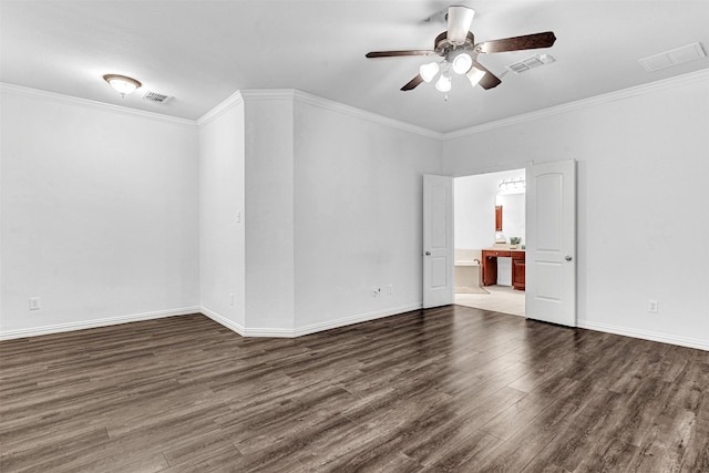 1600 Templegate Dr, Mckinney, TX 75072 - empty room featuring a ceiling fan, wood finished floors, crown molding, and baseboards