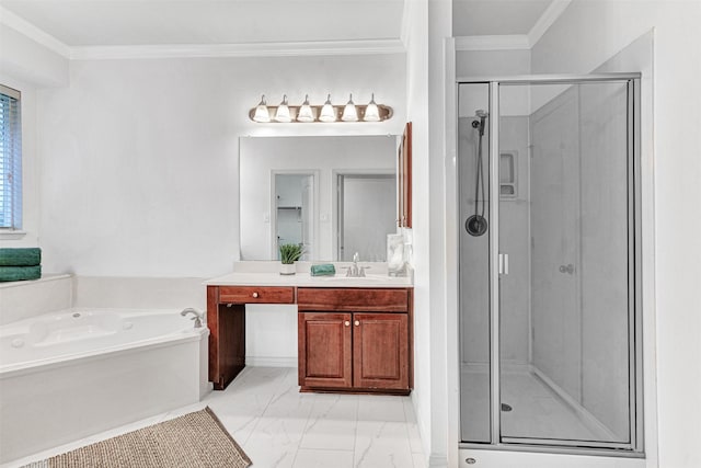 1600 Templegate Dr, Mckinney, TX 75072 - bathroom featuring vanity, marble finish floors, a stall shower, crown molding, and a bath