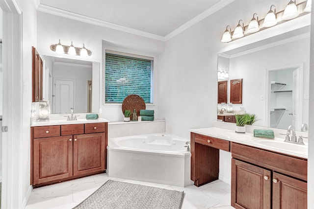 1600 Templegate Dr, Mckinney, TX 75072 - bathroom with marble finish flooring, a garden tub, ornamental molding, two vanities, and a stall shower