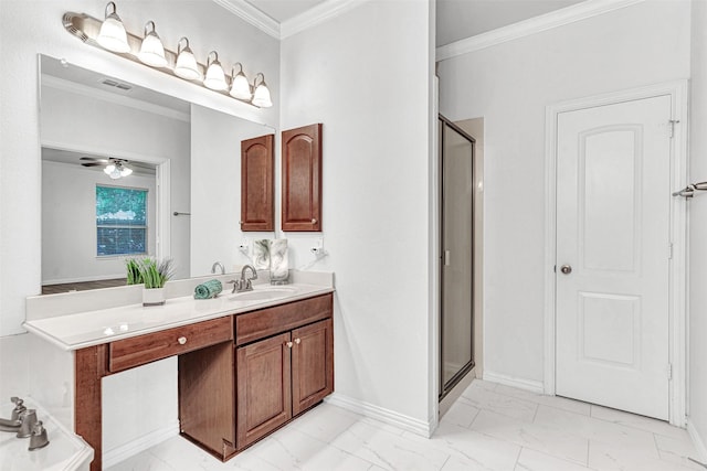 1600 Templegate Dr, Mckinney, TX 75072 - bathroom with marble look tile flooring, a shower stall, vanity, and ornamental molding