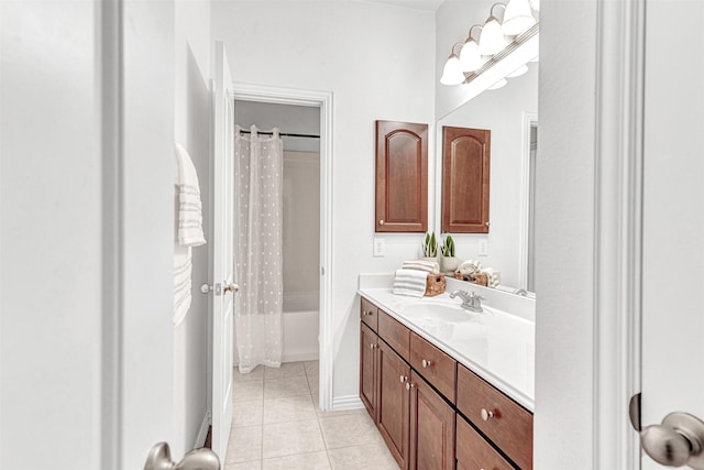 1600 Templegate Dr, Mckinney, TX 75072 - full bathroom featuring vanity, tile patterned flooring, and shower / bathtub combination with curtain